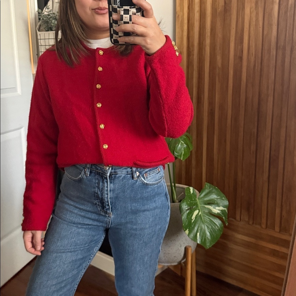 Karen Scott 100% Pure Wool Golden Buttoned Red Cardigan. Size M